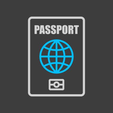 Karanlık arka planda pasaport vektör simgesi, tanımlama sembolü. Seyahat ve turizm web sitesi ve uygulama tasarımı, logo, uygulama, UI için grafik sembolü