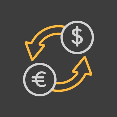 Para değişimi düz vektör simgesi koyu arkaplanda. Seyahat ve turizm web sitesi ve uygulama tasarımı, logo, uygulama, UI için grafik sembolü