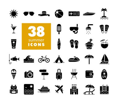 Yaz vektör simgeleri ayarlandı. Yaz tabelası. Seyahat ve turizm web sitesi ve uygulama tasarımı, logo, uygulama, UI için grafik sembolü