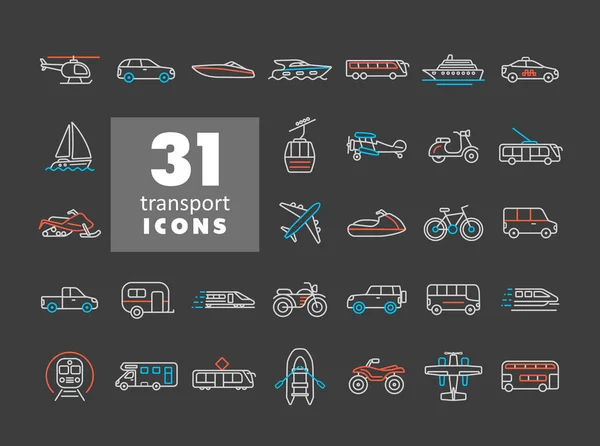 Vector Transporte Icono Plano Establecido Sobre Fondo Oscuro Símbolo Gráfico — Vector de stock