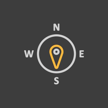 Pusula rüzgar gül vektör simgesi koyu arkaplanda. Güneye doğru. Meteoroloji işareti. Seyahat, turizm ve hava durumu web sitesi ve tasarım, logo, uygulama, UI için grafik sembolü