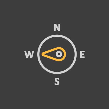 Pusula rüzgar gül vektör simgesi koyu arkaplanda. Batıya doğru. Meteoroloji işareti. Seyahat, turizm ve hava durumu web sitesi ve tasarım, logo, uygulama, UI için grafik sembolü