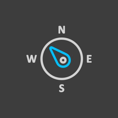 Pusula rüzgar gül vektör simgesi koyu arkaplanda. Kuzeybatıya doğru. Meteoroloji işareti. Seyahat, turizm ve hava durumu web sitesi ve tasarım, logo, uygulama, UI için grafik sembolü