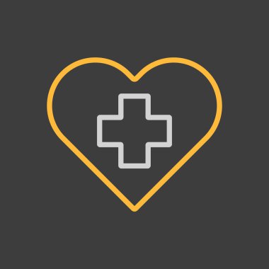 Karanlık arka planda kalp vektör ikonu içinde çapraz. İlaç ve sağlık sigortası, tıbbi destek işareti. Tıbbi web sitesi ve uygulama tasarımı için grafik sembolü, logo, uygulama, UI