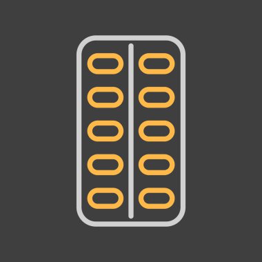 Karanlık arka planda hap şeridi vektör ikonu. İlaç ve sağlık sigortası, tıbbi destek işareti. Tıbbi web sitesi ve uygulama tasarımı için grafik sembolü, logo, uygulama, UI