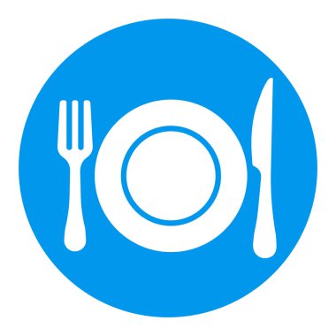 Yemek tabağı, bıçak ve çatal vektör beyaz sembol. Yemek pişirme web sitesi tasarımı, logo, uygulama, UI için grafik sembolü