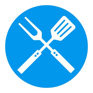 Büyük çatal ve spatula vektör beyaz sembol. Mutfak aletleri. Yemek pişirme web sitesi tasarımı, logo, uygulama, UI için grafik sembolü