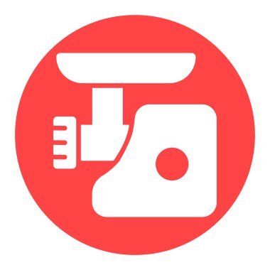 Elektrikli et öğütücü vektör beyaz kabartma simgesi. Elektrikli mutfak aletleri. Yemek pişirme web sitesi tasarımı, logo, uygulama, UI için grafik sembolü