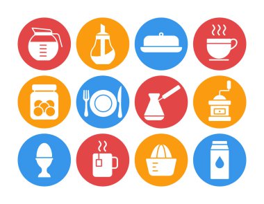 Kahvaltı ve mutfak vektör simgesi beyaz kabartma ayarlandı. Yemek pişirme web sitesi ve uygulama tasarımı, logo, uygulama, UI için grafik sembolü