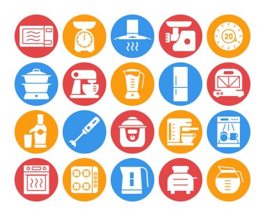 Mutfak aletleri elektronik elektrikli alet vektör sembolü beyaz kabartma seti. Yemek pişirme web sitesi ve uygulama tasarımı, logo, uygulama, UI için grafik sembolü