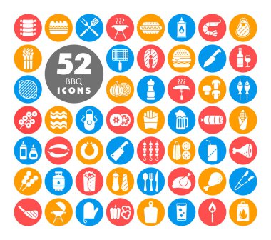 Barbekü ve bbq ızgara beyaz sembol seti. Yemek pişirme web sitesi ve uygulama tasarımı, logo, uygulama, UI için grafik sembolü