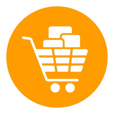 Kutuları beyaz sembol olan alışveriş arabası. E-ticaret tabelası. Web sitenizin tasarımı için grafik sembolü, logo, uygulama, UI. Vektör illüstrasyonu, EPS10.