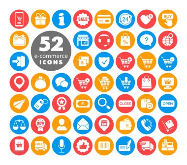E-ticaret vektör beyaz sembol alışverişini ve interneti ayarladı. Web sitenizin tasarımı için grafik sembolü, logo, uygulama, UI