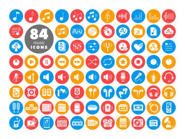 Müzik vektörü düz beyaz sembol seti. Müzik ve ses web sitesi için grafik sembolü ve uygulama tasarımı, logo, uygulama, UI