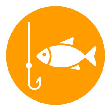 Balık vektörü beyaz glifli olta. Kamp ve yürüyüş işareti. Seyahat ve turizm web sitesi ve uygulama tasarımı, logo, uygulama, UI için grafik sembolü