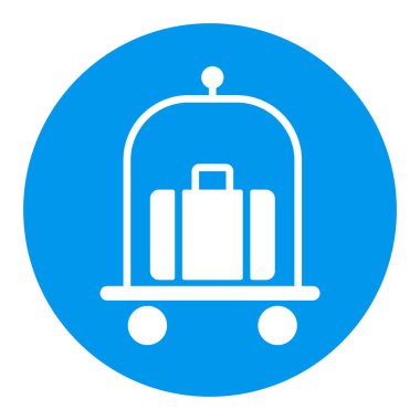 Bagajlar, bavullar, tramvay düz vektör beyaz sembollü bavullar. Otel tabelası. Seyahat ve turizm web sitesi ve uygulama tasarımı, logo, uygulama, UI için grafik sembolü