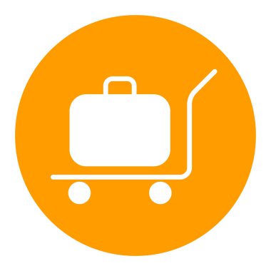 Bagajlar, bavullar, tramvay düz vektör beyaz sembollü bavullar. Otel tabelası. Seyahat ve turizm web sitesi ve uygulama tasarımı, logo, uygulama, UI için grafik sembolü