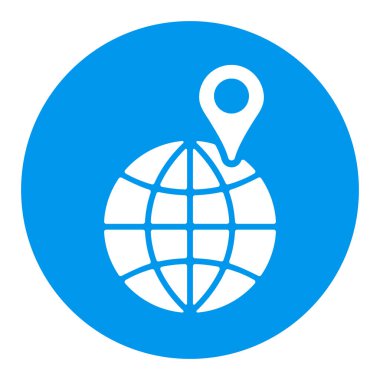 Pin vektörü beyaz glifli dünya. Navigasyon işareti. Seyahat ve turizm web sitesi ve uygulama tasarımı, logo, uygulama, UI için grafik sembolü