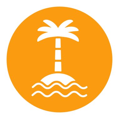 Adada tropikal palmiye, deniz dalgaları vektör beyaz sembol ile. Yaz tabelası. Seyahat ve turizm web sitesi ve uygulama tasarımı, logo, uygulama, UI için grafik sembolü
