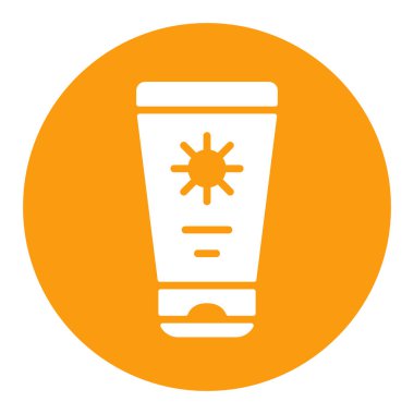 Tüp düz vektör beyaz sembollü güneş kremi. Yaz tabelası. Seyahat ve turizm web sitesi ve uygulama tasarımı, logo, uygulama, UI için grafik sembolü