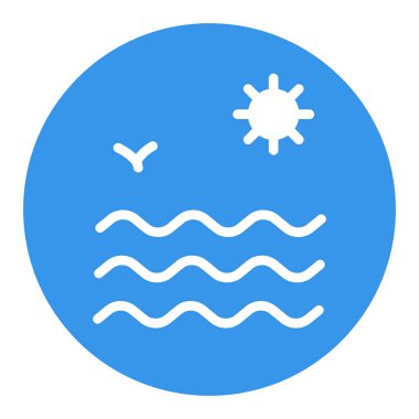 Deniz dalgaları ve güneş düz vektör beyaz sembol. Yaz tabelası. Seyahat ve turizm web sitesi ve uygulama tasarımı, logo, uygulama, UI için grafik sembolü