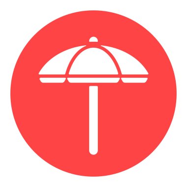 Plaj şemsiyesi düz vektör beyaz sembol. Yaz tabelası. Seyahat ve turizm web sitesi ve uygulama tasarımı, logo, uygulama, UI için grafik sembolü