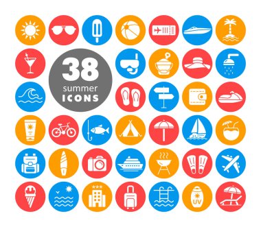 Yaz vektörü beyaz kabartma simgeleri ayarlandı. Yaz tabelası. Seyahat ve turizm web sitesi ve uygulama tasarımı, logo, uygulama, UI için grafik sembolü