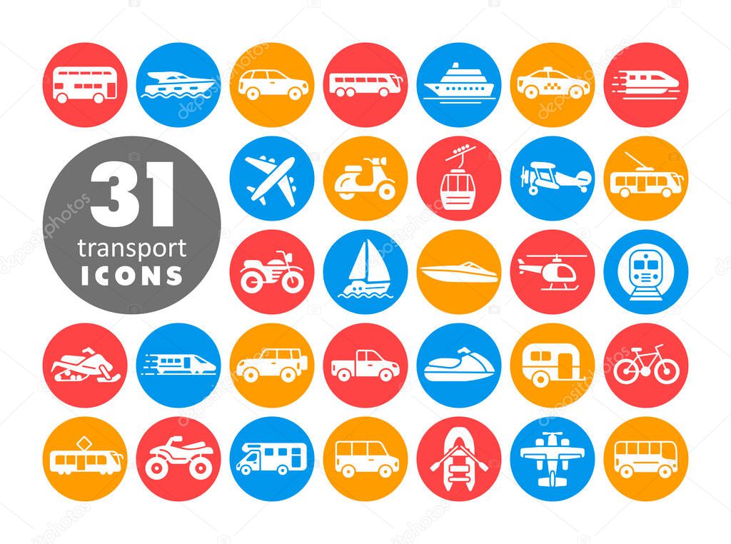 Transportation vector flat white glyph icon set. Graph symbol for travel and tourism web site and apps design, logo, app, UI