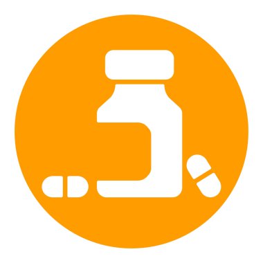 İlaç şişesi ve hap vektörü beyaz sembol. Meditasyon. İlaç ve tıbbi destek işareti. Tıbbi web sitesi ve uygulama tasarımı için grafik sembolü, logo, uygulama, UI