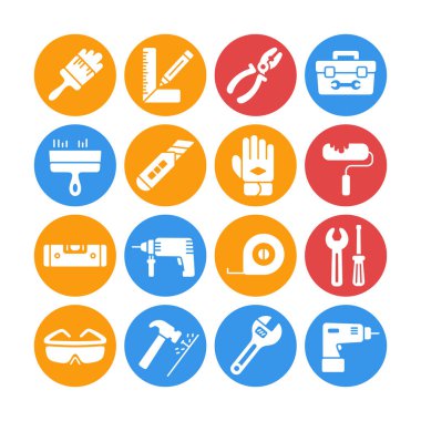 Bina, inşaat ve ev onarım aletleri beyaz sembol simgeleri. Web sitenizin tasarımı için grafik sembolü, logo, uygulama, UI. Vektör illüstrasyonu, EPS10.