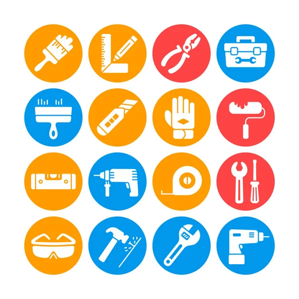 Bina, inşaat ve ev onarım aletleri beyaz sembol simgeleri. Web sitenizin tasarımı için grafik sembolü, logo, uygulama, UI. Vektör illüstrasyonu, EPS10.