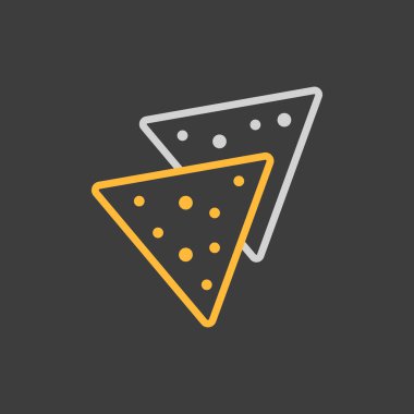 Tortilla cipsi ya da nachos tortilla vektör simgesi koyu arkaplanda. Fast food burcu. Yemek pişirme web sitesi ve uygulama tasarımı, logo, uygulama, UI için grafik sembolü
