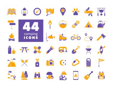 Kamp, yürüyüş, doğa ve doğa aktiviteleri sembolleri ayarlandı. Seyahat ve turizm web sitesi ve uygulama tasarımı, logo, uygulama, UI için grafik sembolü