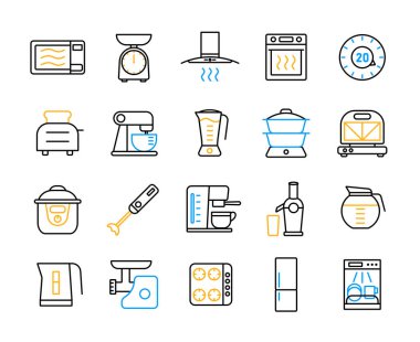 Mutfak aletleri elektronik elektrikli ekipman vektör ikonu seti. Yemek pişirme web sitesi ve uygulama tasarımı için grafik sembolü, logo, uygulama, Ui