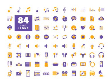 Müzik vektörü düz sembol seti. Müzik ve ses web sitesi için grafik sembolü ve uygulama tasarımı, logo, uygulama, UI
