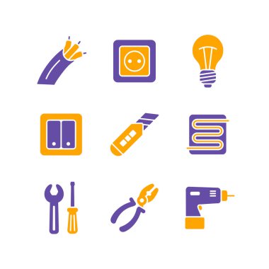 Ev onarımı, elektrik vektör sembolleri ayarlandı. Web sitenizin tasarımı için grafik sembolü, logo, uygulama, UI. Vektör illüstrasyonu, EPS10