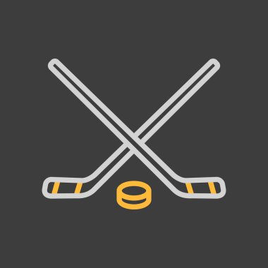Buz hokeyi sopaları ve Puck vektör simgesi koyu arkaplanda. Kış işareti. Seyahat ve turizm web sitesi ve uygulama tasarımı, logo, uygulama, UI için grafik sembolü