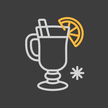 Portakal dilimli sıcak şarap ve koyu arka planda tarçın çubuğu ikonu. Kış işareti. Seyahat ve turizm web sitesi ve uygulama tasarımı, logo, uygulama, UI için grafik sembolü