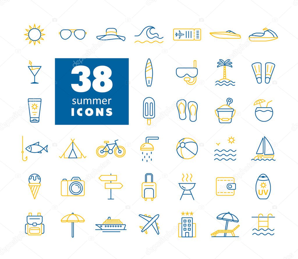 Summer vector icons set. Summertime sign. Graph symbol for travel and tourism web site and apps design, logo, app, UI