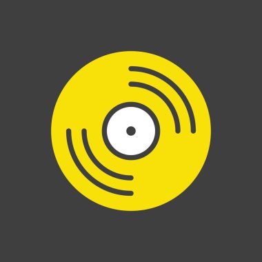 Plaklar, LP kayıt vektör simgesi koyu arkaplanda. Müzik işareti. Müzik ve ses web sitesi için grafik sembolü ve uygulama tasarımı, logo, uygulama, UI