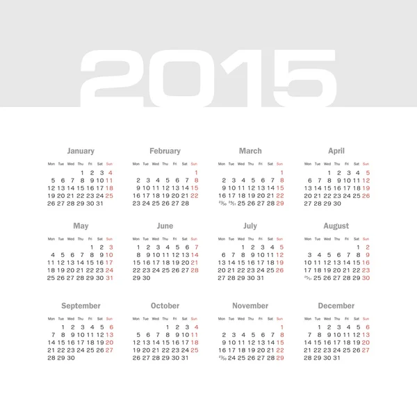 Eenvoudige europese 2015 jaar vector kalender — Stockvector