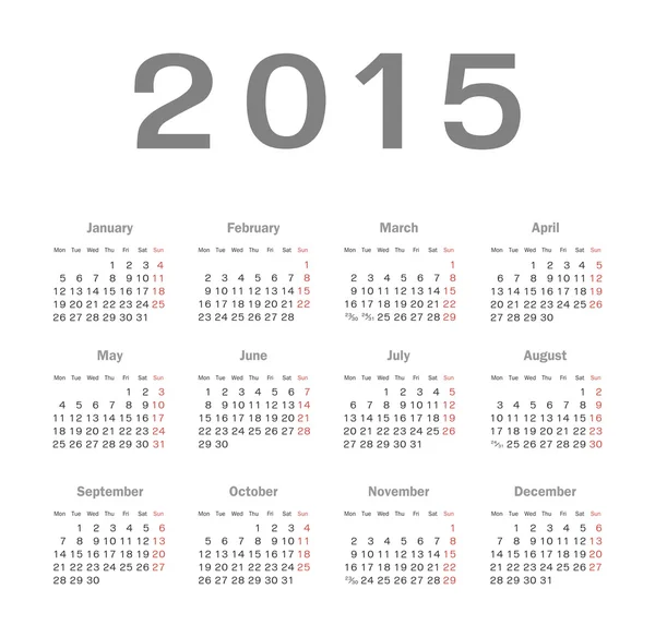 Simple europeo 2015 año vector calendario — Archivo Imágenes Vectoriales