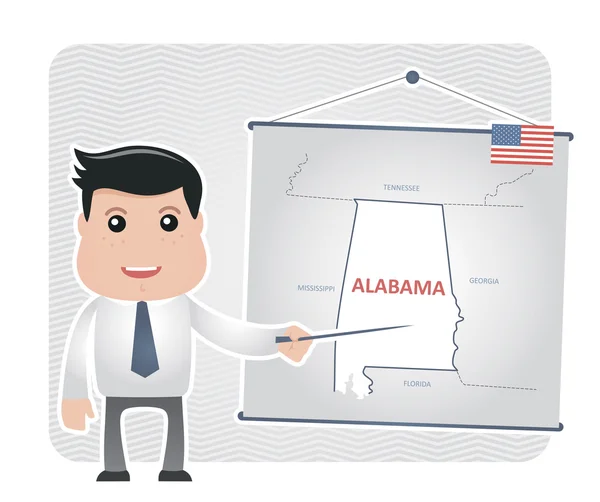 Hombre con un puntero apunta a un mapa de ALABAMA — Vector de stock