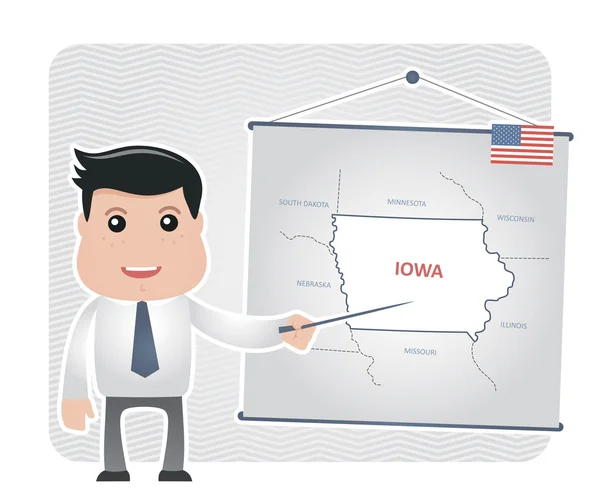 Mann mit Zeiger zeigt auf Landkarte von Iowa — Stockvektor
