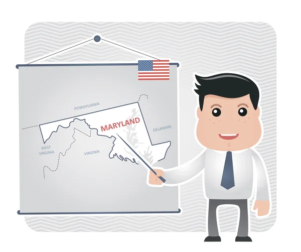 Man with a pointer points to a map of MARYLAND — Stock Vector