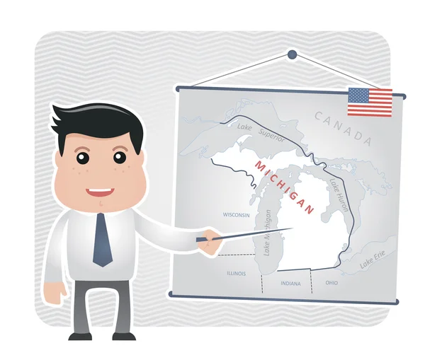 Man with a pointer points to a map of MICHIGAN — Stock Vector