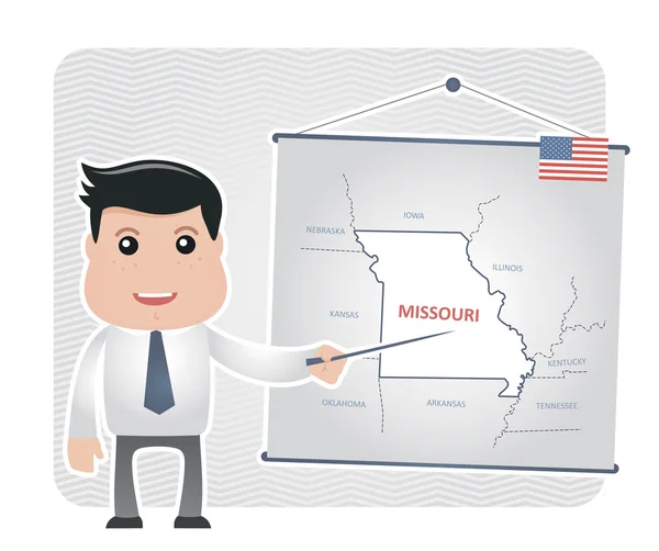 Man with a pointer points to a map of MISSOURI — Stock Vector