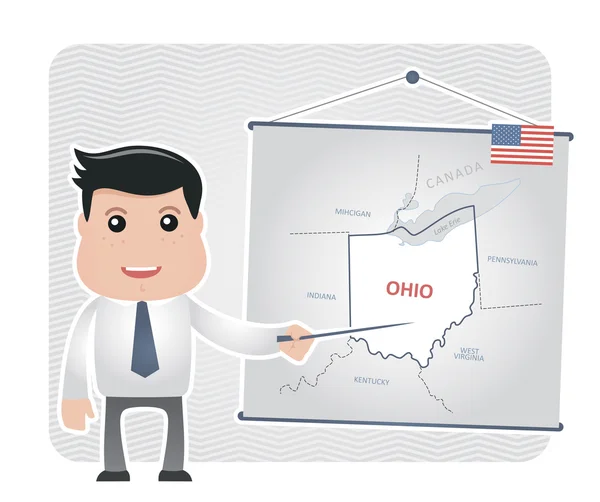 Man with a pointer points to a map of OHIO — Stock Vector