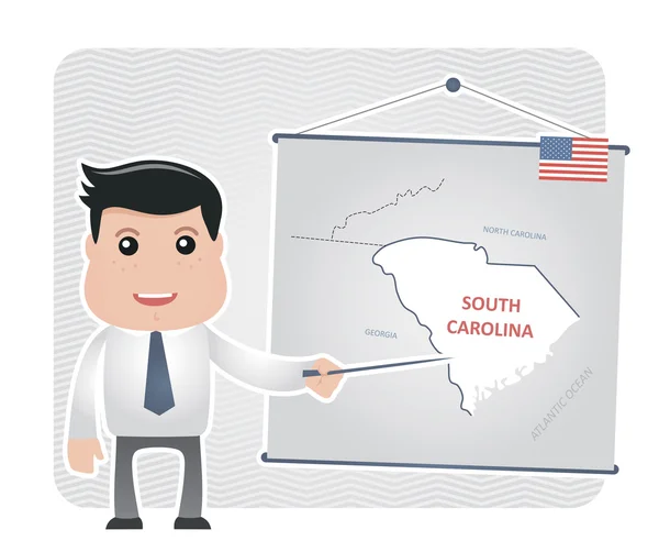 Hombre con un puntero apunta al mapa de SUR CAROLINA — Vector de stock