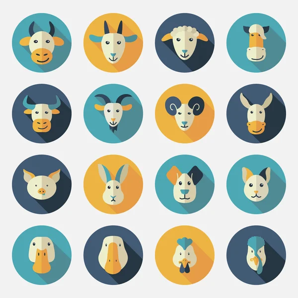 Animales de granja iconos planos con sombra larga — Vector de stock